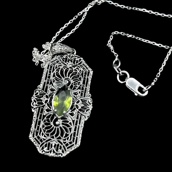 Sterling Silver Green Peridot Filigree Pendant Art Deco Revival 925 Silver Chain - Picture 5 of 7